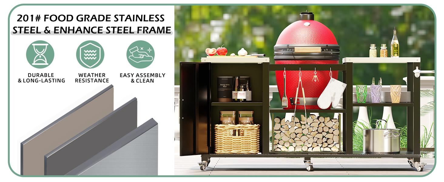 YODOLLA Outdoor Grill Table for Big Green Egg, 69.7" Stainless Steel Grill Cart with Cabinet & Shelves, Heavy Duty 920LBS Outdoor Kitchen Island, Compatible with Large Big Green Egg, Kamado Joe Classic