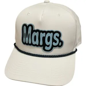 Margs-Leatherette Patch Richardson SnapBack Hat, White Color, Classic Design, Button and Eyelets Closure, Featuring Margs Logo