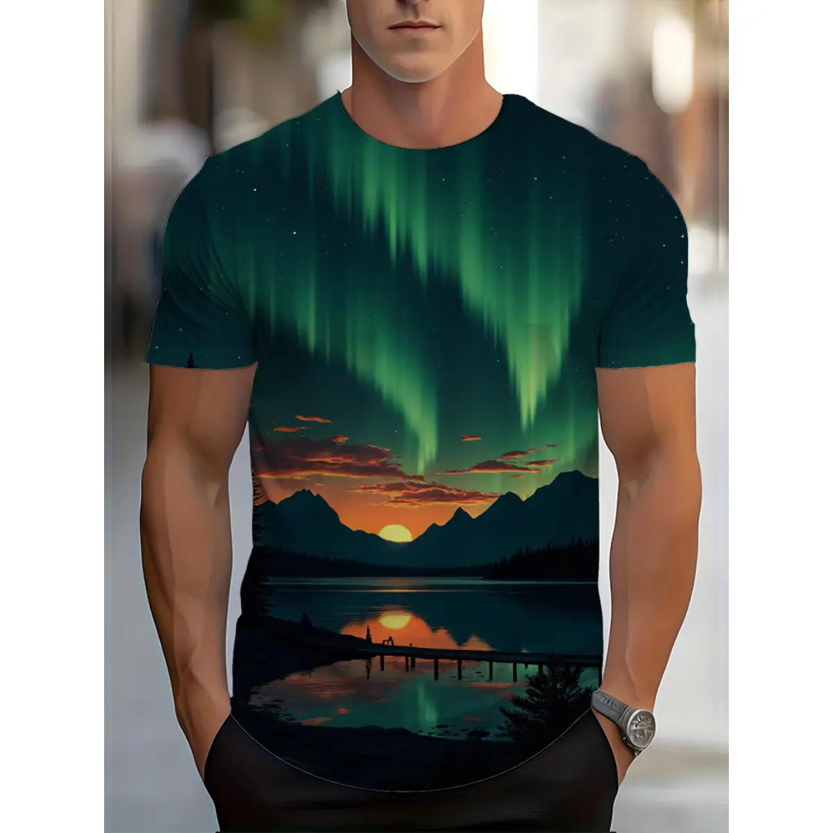Men's Stylish Polyester Short Sleeve Round Neck 3D Print T-Shirt - Emerald Green Aurora Borealis Night Landscape, Northern Lights Over Silhouetted Mountains & Lake, Casual Menswear Top for Outdoor Adventure, Shortsleeve, Colorful