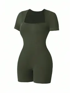 Women's Solid Color Square Neck Sporty Jumpsuit, Workout Jumpsuit, Yoga Jumpsuits, High Stretch Seamless Design, Ideal for Yoga and Fitness, All Seasons Wear