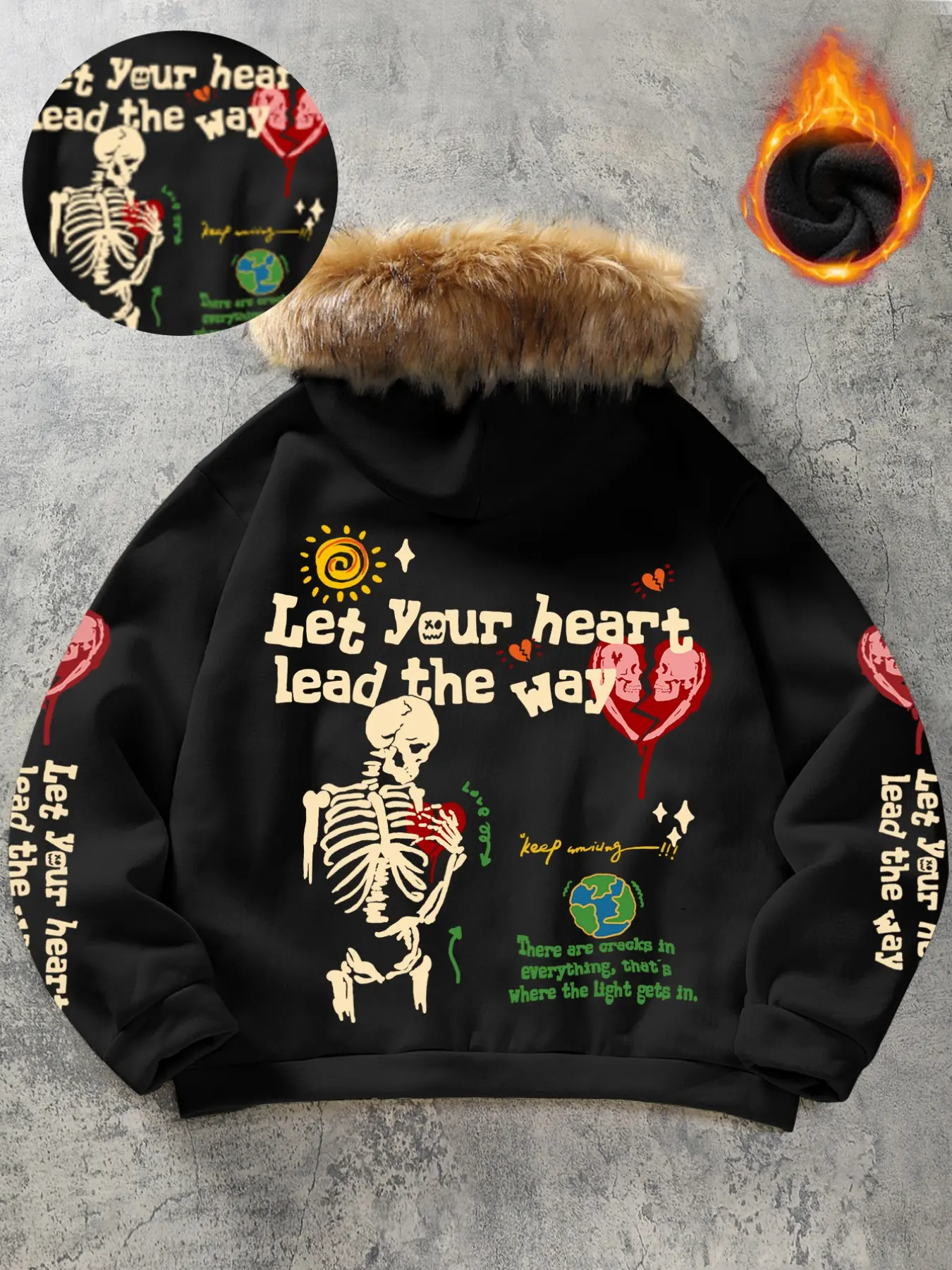 Premium Skeleton Heart Graphic Full-Zip Hoodie - Unisex Grunge Aesthetic Faux Fur Trim Sweatshirt - Warm Casual Streetwear Jacket with "Let Your Heart Lead The Way" Quote for Skating & Concert Outfits