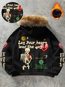 Winter Warm Skeleton Print Hoodie with Faux Fur Trim - Y2K Emo Aesthetic Soft Goth Full-Zip Jacket - Oversized Graphic Outerwear for Cold Weather, Street Photography & Daily Trendy Wear