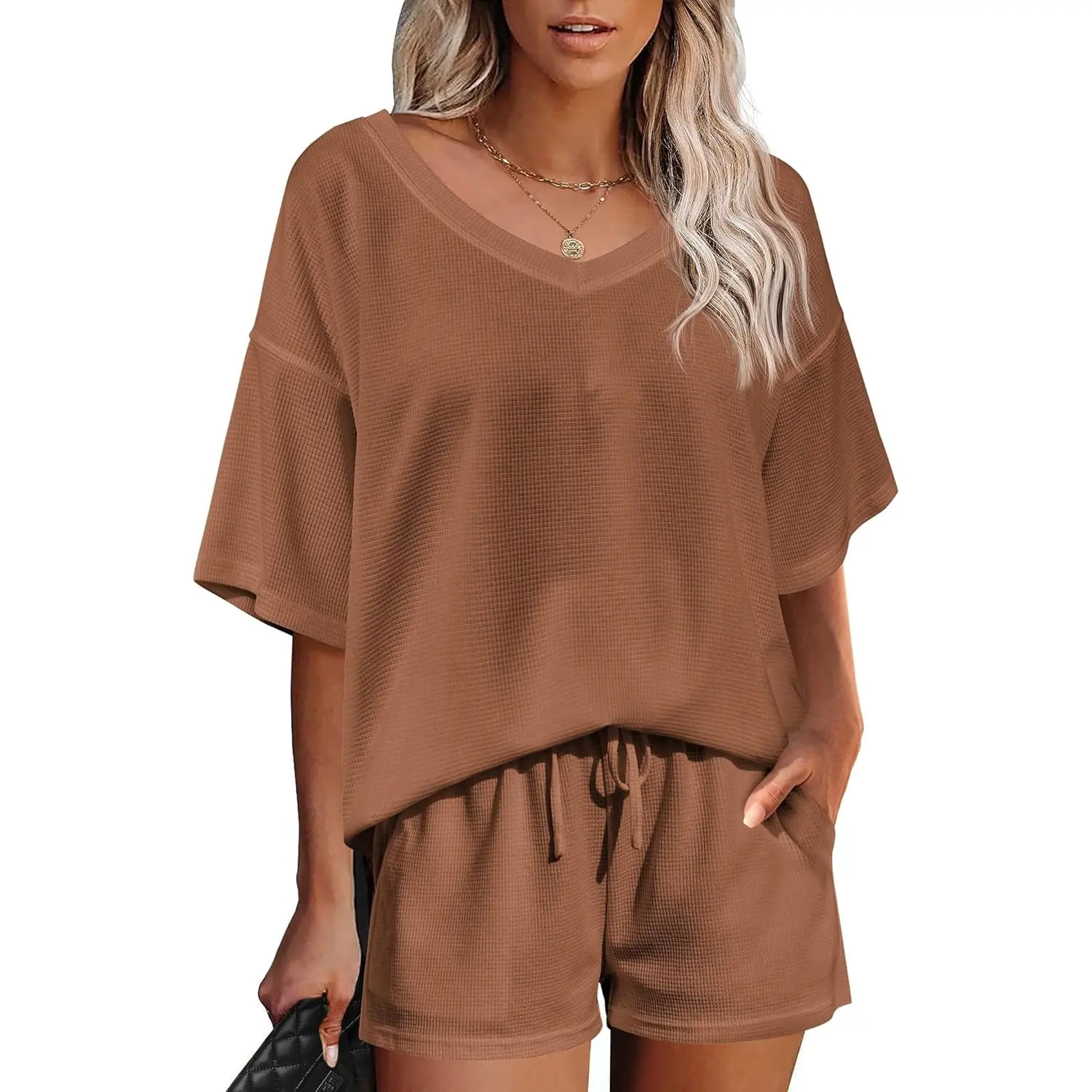 Ekouaer Womens 2 Piece Short Sleeve Waffle Knit V Neck Off Shoulder Casual Loose Fit Sweatsuit Outfits