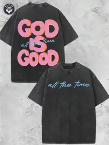 Vintage Christian T-Shirt, God Is Good All The Time Washed Black Cotton Oversized Short Sleeve Tee, Retro Faith Based Graphic Casual Crewneck Shirt for Believers