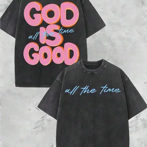 Vintage Christian T-Shirt, God Is Good All The Time Washed Black Cotton Oversized Short Sleeve Tee, Retro Faith Based Graphic Casual Crewneck Shirt for Believers