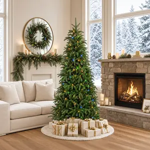 Glitzhome 6ft/7.5ft/9ft/11ft/15ft Pre-Lit Green Slim Fir Artificial Christmas Tree with Warm White/Multi-color LED Lights, 9 Function, w/Remote Control