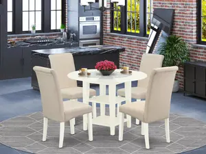 SUBA5-LWH-01 5Pc Dining Set Includes a Round Dining Table with Drop Leaves and Four Parson Chairs with Cream Fabric, Linen White Finish