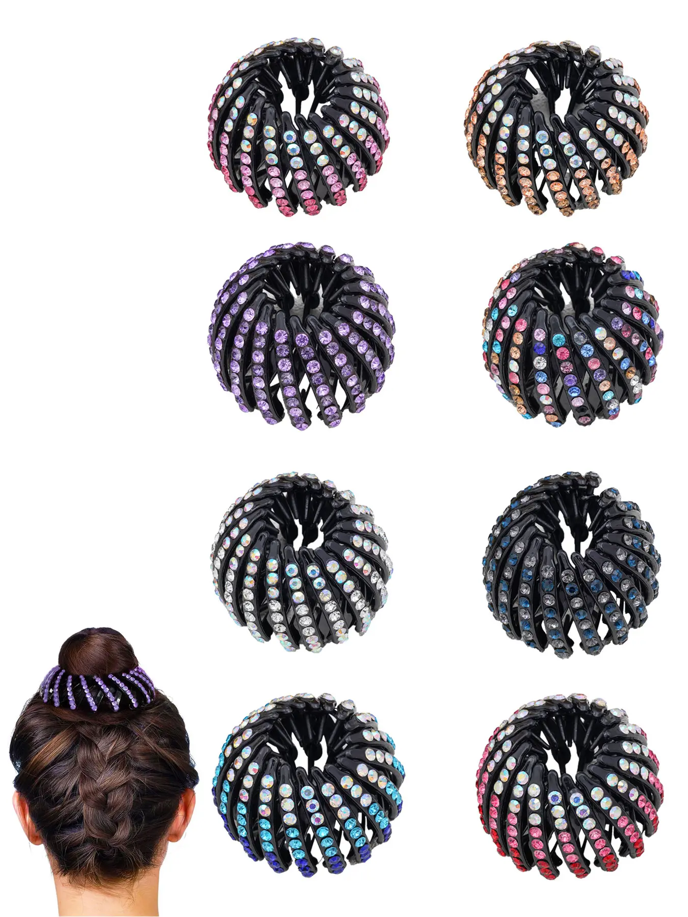 8-piece set of rhinestone bird's nest shaped expandable hair clip for women's winter fashion trend, exquisite wind back brain spoon, meatball head ponytail clip suitable for wearing in various occasions, Hair Claws Set, Claw Clips, Claw Clip Pack