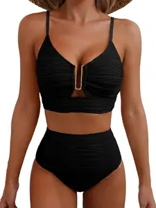 JointlyCreating 2 Piece Bikini Set U-Wire Cutout High Waisted Textured Swimsuit 2026 Summer Beach Bathing Suits for Women