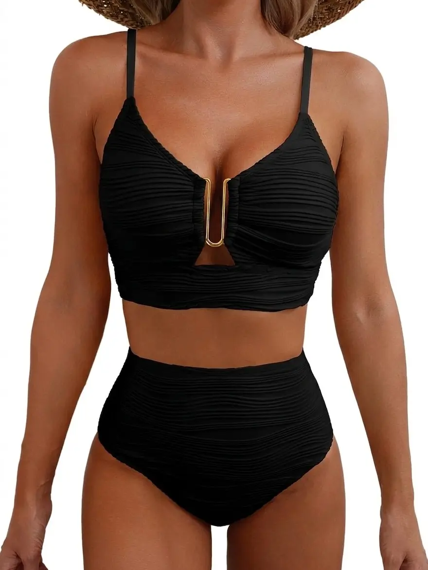 JointlyCreating 2 Piece Bikini Set U-Wire Cutout High Waisted Textured Swimsuit 2026 Summer Beach Bathing Suits for Women