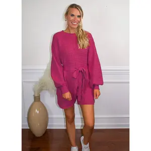 Stay Home Waffle Sweater Romper in Berry