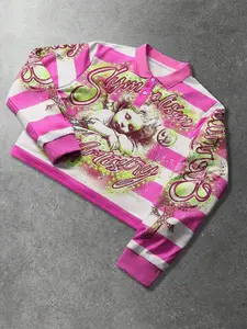 Y2K Cyber Pink Striped Cropped Polo Casual Sporty Sweatshirt for Women | Rhinestone Angel Graphic Pullover with Airbrush Detail | Aesthetic McBling Streetwear Top for Party & Clubbing