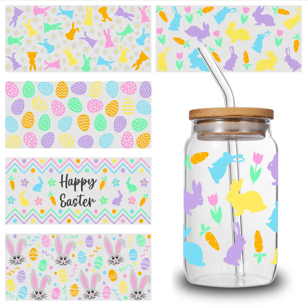 5 Sheets Easter Bunny UV DTF  Glass DTF Transfer  Plastic Self-Adhesive Labels Plastic UV DTF Transfer  for Glass Cups Decor Household floor house PVC Bat Wall Stickers Waterproof 3D Aesthetic Trendy Water Bottle Stickers
