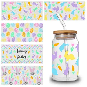 5 Sheets Easter Bunny UV DTF  Glass DTF Transfer  Plastic Self-Adhesive Labels Plastic UV DTF Transfer  for Glass Cups Decor Household floor house PVC Bat Wall Stickers Waterproof 3D Aesthetic Trendy Water Bottle Stickers