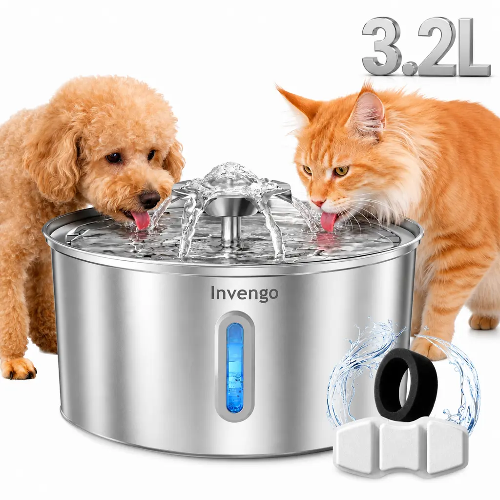 Cat Water Fountain, Stainless Steel Pet Water Fountain for Cats And Dogs, Filters&Ultra-Quiet Pump, 3.2L/108oz Automatic Pet Dispenser Water Bowl, Multiple Pets Water Fountain 5-layer filtration system feeder drinking supply, accessories,cat stuff,product