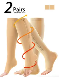 2 Pairs Open Toe Zipper Copper Wellow Compression Socks Women Men 15-20 mmhg Knee High Pregnant Nurses Pregnancy Maternity Medical Cute Sports Gold Fit Cycling Medias de Para Mujer Adult Support Hose Circulation Long Womans