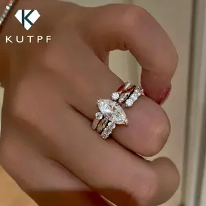 Certified Full Moissanite Wedding Bridal Rings Set for Women 925 Silver Marquise Cut Diamond Engagement Ring Eternity Band