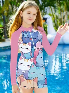 Girls' Cute Cat Print Jumpsuit, Quick-Dry Sun Protection, Long Sleeve Sporty Surf Wear, Slim-Fitting All-Over Print Clothing, Tween Swimsuit