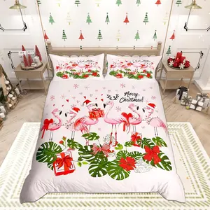 Merry Christmas Duvet Cover,Pink Flamingo Cartoon Bird Animal Comforter Cover Set for Kids Boys Girls,Winter Snowflake Green Leaves Bedding Quilt Cover Set,Bedroom Decor