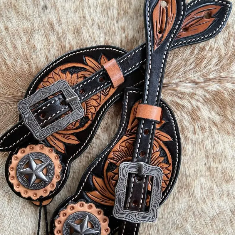 Pair Top Grain Two Tone Tooled Leather Western Tooled Spur Straps