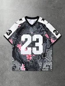 2026 Trending Japanese Dragon & Sakura Print Basketball Jersey - Aesthetic Oversized V-Neck Streetwear Graphic Tee Sports Clothing with Number 23 & Stars - Retro Oriental Style Dark Grunge Top for Men Women - Urban Samurai Fashion Apparel