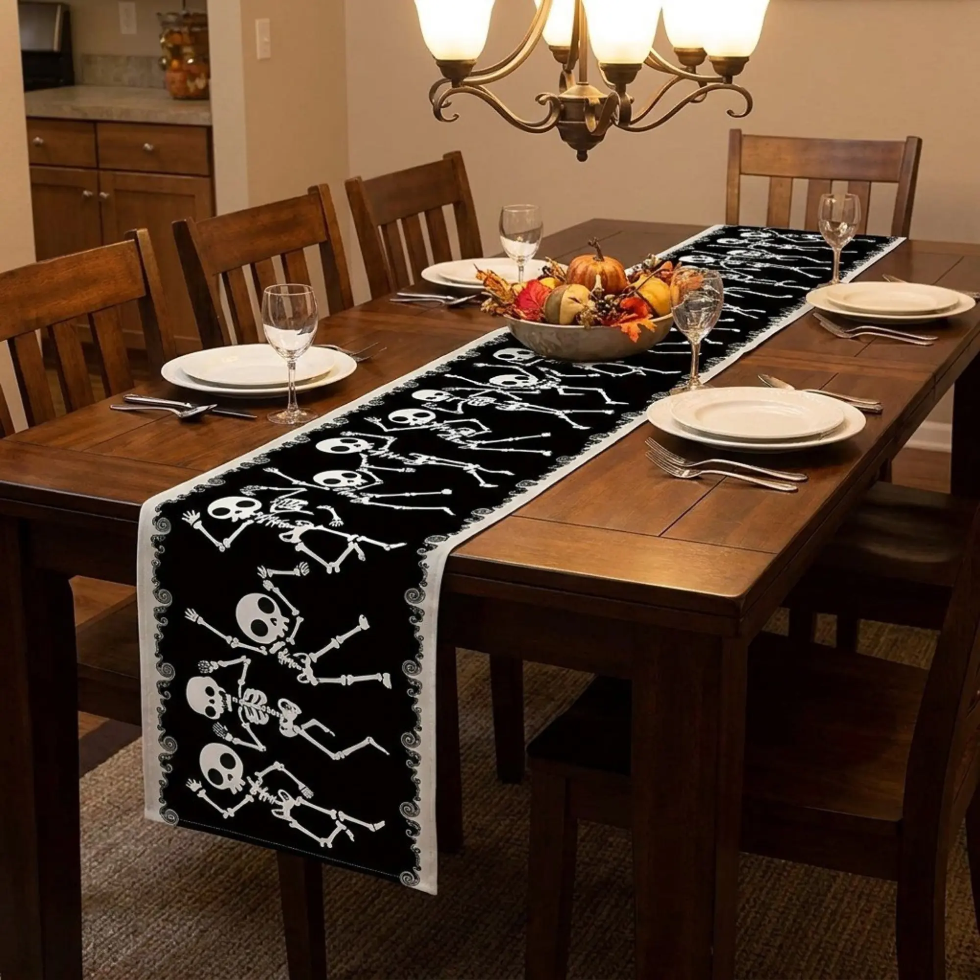 Halloween Skeleton Table Runner Rectangular Single Layer Linen Table Runner Farmhouse Dining Table Decor Spooky Autumn Party Kitchen Decoration