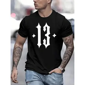 Men'S Fashionable Geometric Number 13 Print T-Shirt, Casual Crew Neck Short Sleeve Top, 100% Polyester Knit Fabric with Slight Stretch