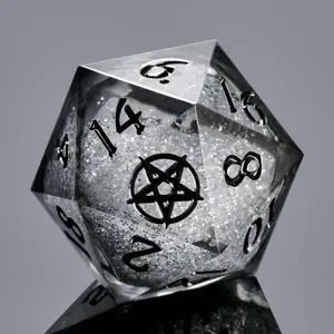 Liquid Core Resin Dice Set Laser Engraved Pentagram DND Polyhedral Dice High Transparency Evil Shadow Gray Core 7 Piece RPG Game Dice Set