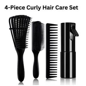 4-Piece Curly Hair Care Set – Detangling Brush for Wet & Dry Hair, Wide Tooth Comb, Spray Bottle, Styling Tools for 3A to 4C Natural Hair, Adults