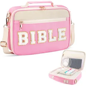 Bible Cover Case for Women Grils, Preppy Bible Bag with Adjustable Shoulder Strap, Waterproof Bible Carrying Tote Bags Holder for Bible Study Supplies Accessories & Christian Gifts (Pink)