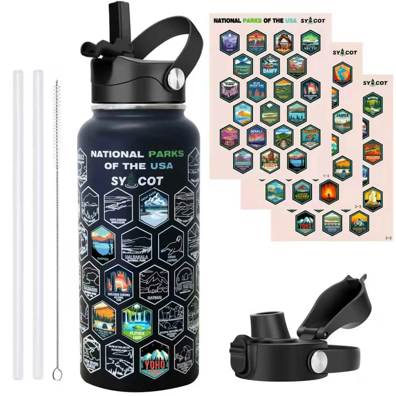SYACOT 32oz Portable Stainless Steel Thermal Flask, Insulated Drink Bottle with National Parks Design, Leakproof with 2 Lids & 63 Stickers for Hiking