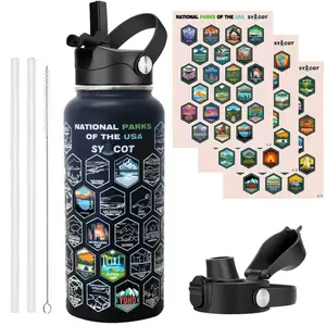 SYACOT WANDER National Parks Water Bottle 32oz with 2 Lids 63 Waterproof Stickers Leakproof Insulated Stainless Steel Straw USA Hiker Gift Portable Tumbler Drinkware