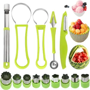 14 Packs Melon Baller Scoop Set, 4 in 1 Stainless Steel Fruit Tool Set Fruit Scooper Seed Remover with Fruit Vegetable Cutter Shapes Set Fruit Peeler for Fruit Slicer Dig Pulp Separator