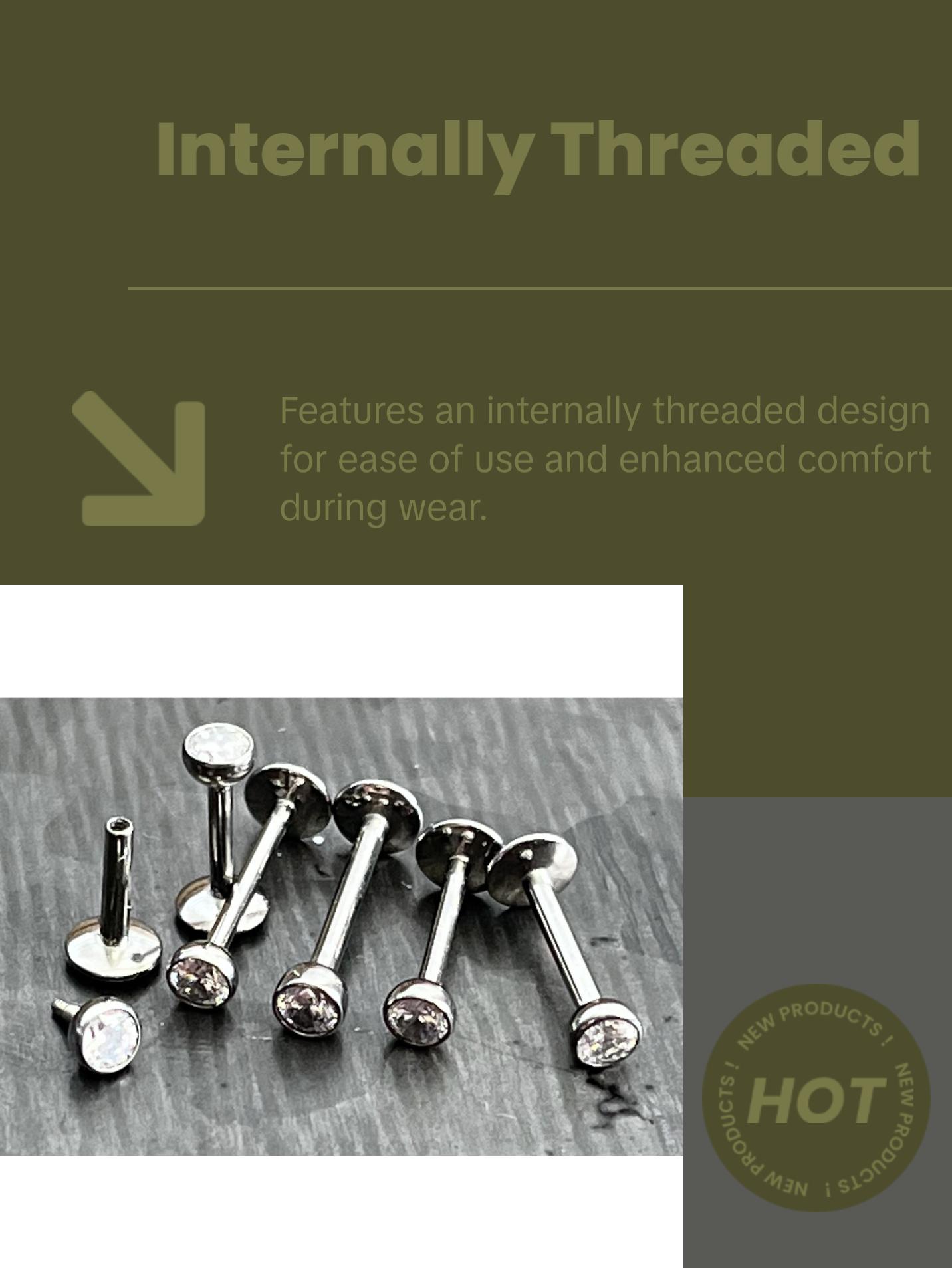 1 Piece of Internally Threaded Solid Titanium Bezel Gem Labret Stud Lip Ring - 16g or 18g - Gem Size: 2 or 3mm - Lengths - 6mm, 8mm or 10mm!