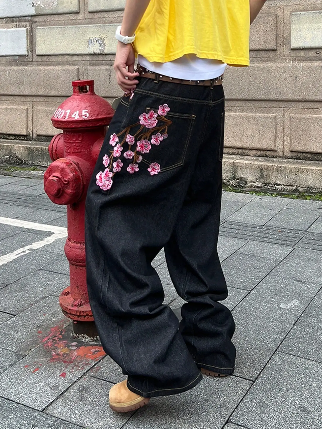 #FR2 vintage Denim pants 32インチ Men's Vintage Y2K Style Loose Wide Leg Jeans, Sakura Embroidered