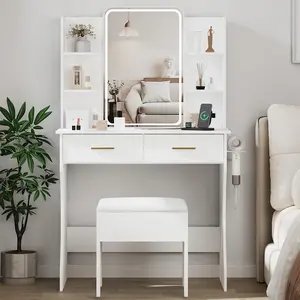 Modern LED Vanity Table, with Lighted Mirror and Power Socket, Corner Makeup Desk, Comes with 2 Drawers and Storage Stool, Hardwood Structure, Perfect for Bedroom or Bathroom, Bathroom Decoration and Accessories vanity mirror vanity accessories