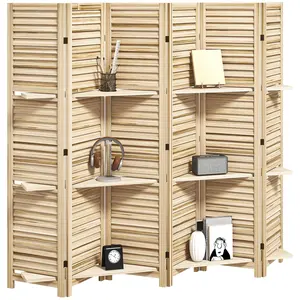 6 Panel Wood Privacy Screen 67“ Tall Natural Room Divider with 3 Shelves for Display Photos Plants, Foldable Partition for Living Room Bedroom Office, Louvered Slat Design, 15 Steel Hinges, Space-Saving, 94.5”W x 67“H
