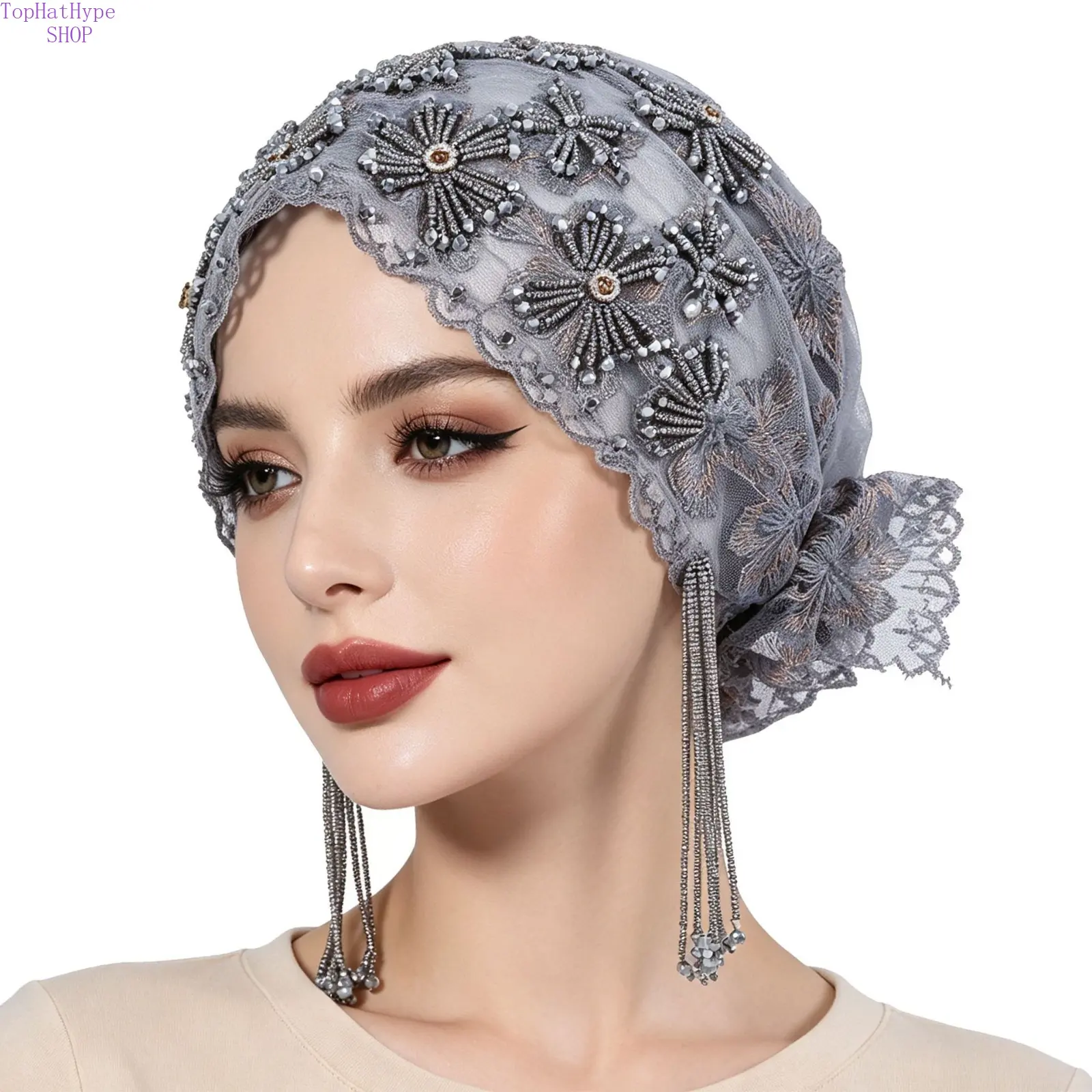 Elegant Lace Turban for Women, Heavy Craft Embroidered Headscarf with Beading Detail and Fringed Edges, Fashion All-Match Accessory, Fashion Hair Scarves, Embroidery, Casual, Beaded Detail