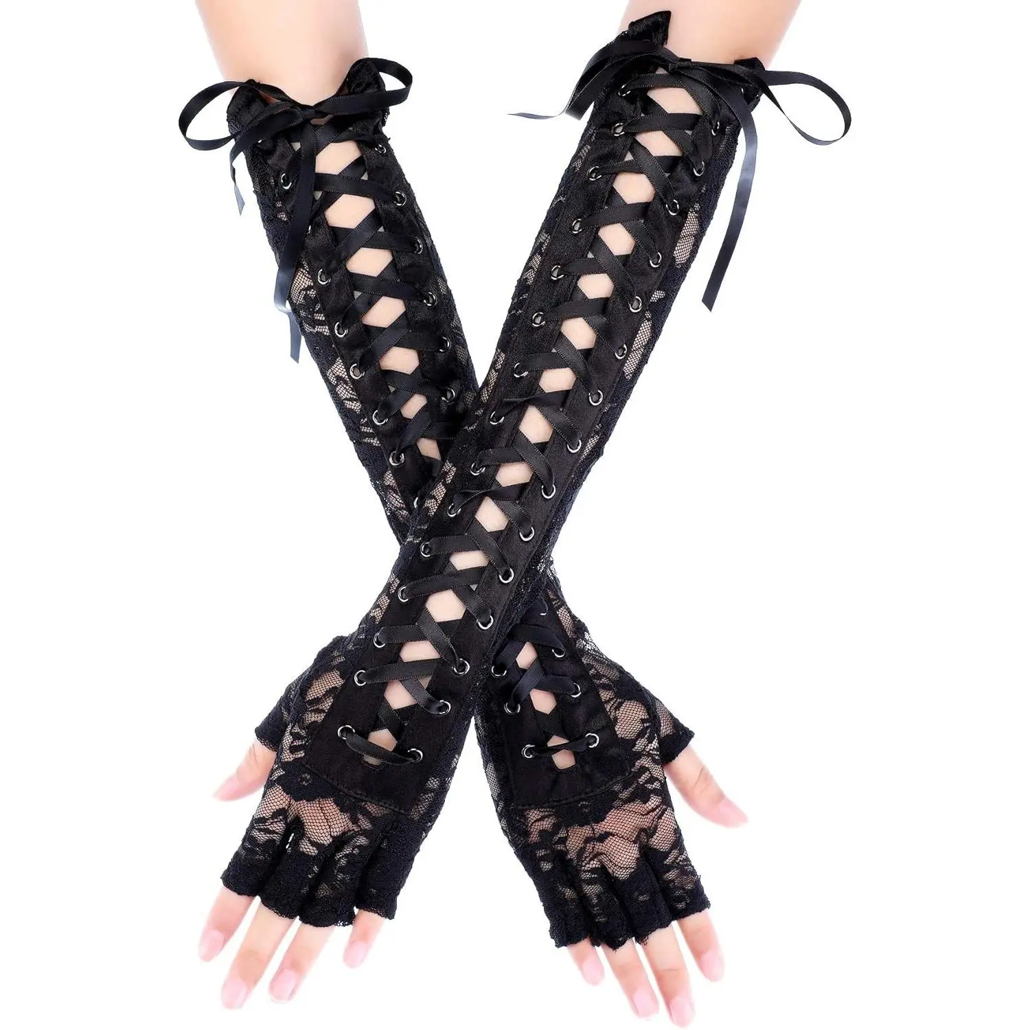 Sumind Black Long Fingerless Gloves Satin Lace up Gloves Arm Warmer for Wedding Engagement Party Supplies (1 Pair, Style 2)