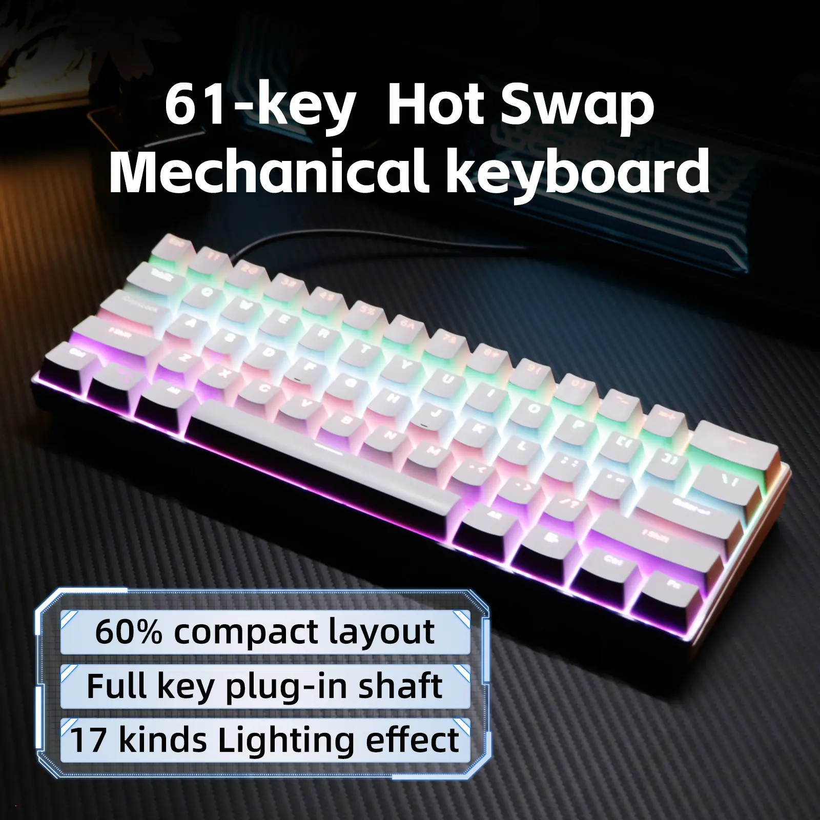KL61 61 Keys Single Mode Mechanical Keyboard, 21 Keys Anti-Ghosting, 17 RGB Lighting Effects, US Layout Gaming Keyboard Compatible with Windows Mac Android Linux