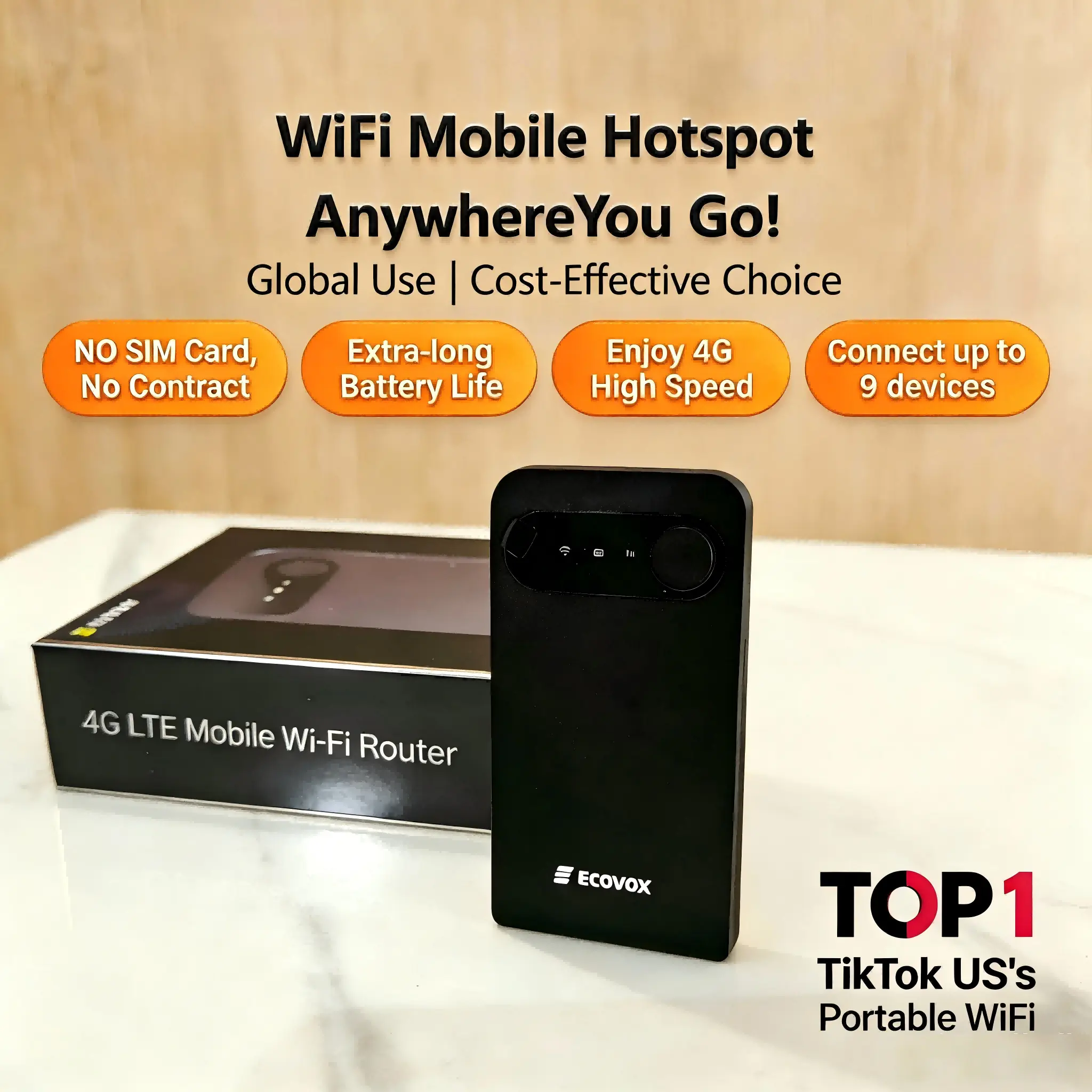 ECOVOX 2026 4G LTE Portable WiFi | No SIM Card No Contract | Multiple Networks 9 Devices | Free 1GB Local Data | Travel Camping RV Essential Wireless Wifi Modem Wifi Battery Powered Wifi Cellular