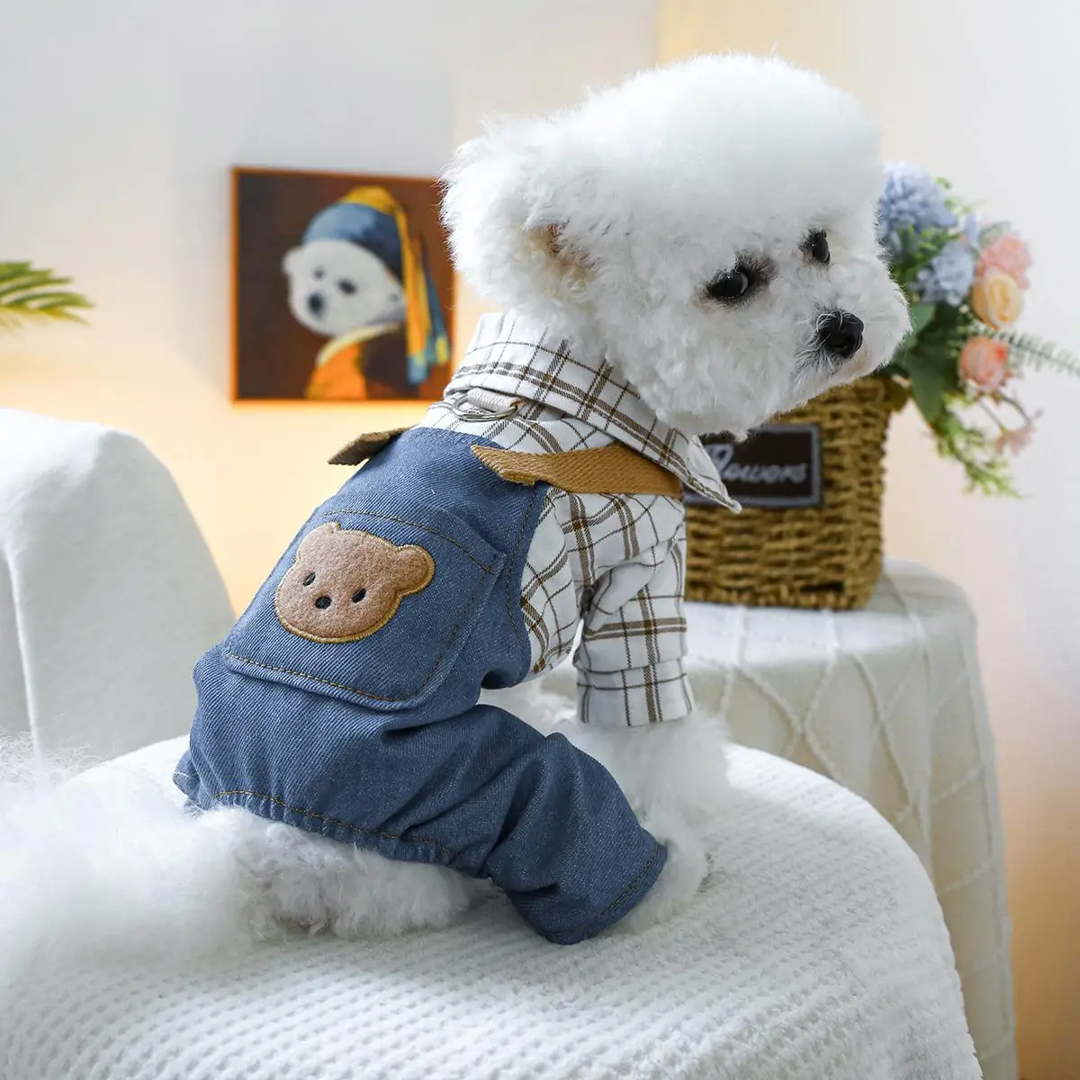 Cute Bear Pattern Embroidery Pet Denim Overalls, Casual Pet Clothes for Small Dogs & Cats, Pet Clothing for Daily Wear