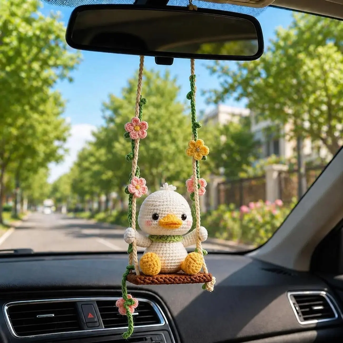 Duck Crochet Car Hanging, Cute Duck Rear View Mirror Charm, Floral Swing Car Decor, Handmade Car Accessory, Amigurumi Duck Gift