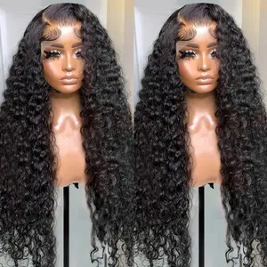 Deep Wave 13x6 Lace Front Wigs Human Hair 180% Density 10A Grade Pre Plucked Glueless Natural Black 13x4 Lace Frontal Deep Curly Human Hair Wig For Women