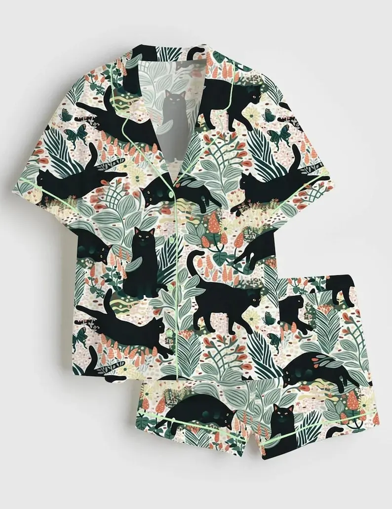 Women's Black Cat Short-Sleeve Pajama Set - Cute Animal Sleepwear Long Pajama, Ideal Gift for Her