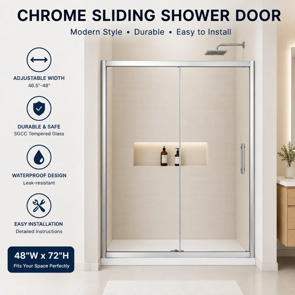 48"W x 72"H Chrome Sliding Shower Door, Clear Tempered Glass, Stainless Steel Handle, Adjustable Single Sliding Shower Door for Bathroom