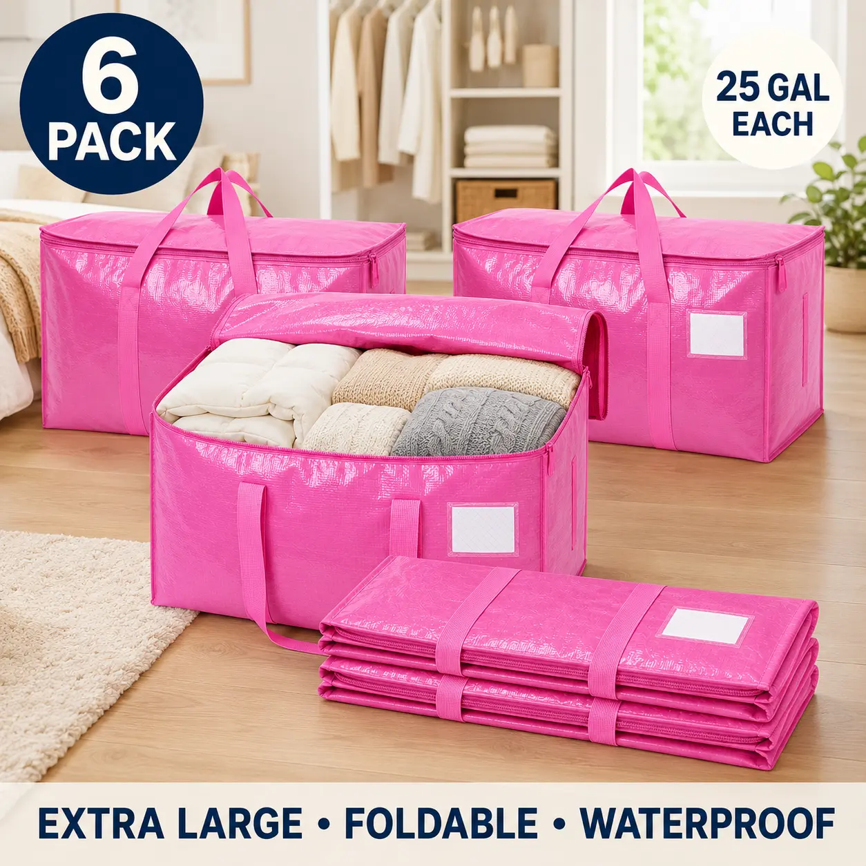 6-Pack 25-Gal Extra Large Zippered Clothes Storage Bags, Heavy-Duty Coated PE Foldable Waterproof Organizer with Fygrip Comfortable Grip, Reinforced Handles, Tag Pockets, 29"l x14"w x13"h, 65 lbs Capacity for Moving, Storage Organization