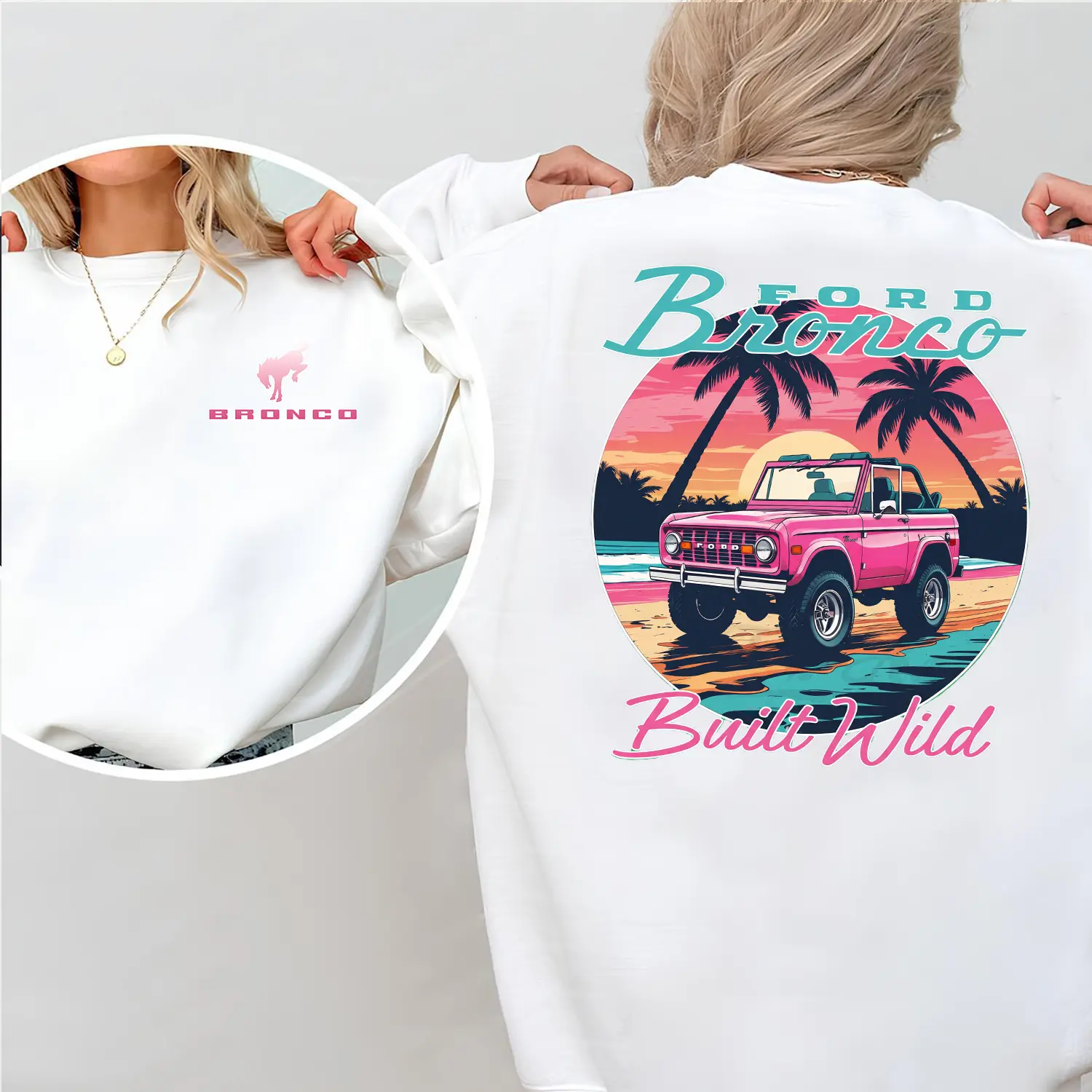 Women's Bronco Built Wild Sweatshirt Vintage Bronco Truck Graphic Crewneck Comfy White Pullover Top Cute Off Road Car Lover Gift for Her Trendy Aesthetic Streetwear