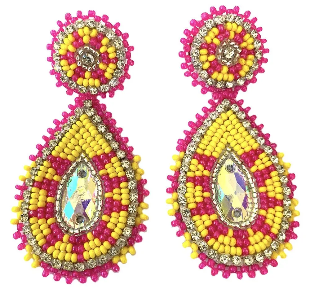 Female Handmade Beaded Teardrop Design Post Earrings - 3 in Long, 1.5 in Wide - Yellow Pink, Casual Daily Wear, Fade-Resistant