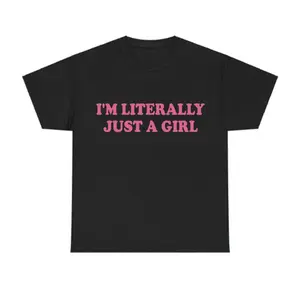 Women's "I'm Literally Just A Girl" Graphic T-Shirt, Cute Aesthetic Fitted Polyester Short-Sleeve Round-Crew Neck, Casual Streetwear Summer Black Top